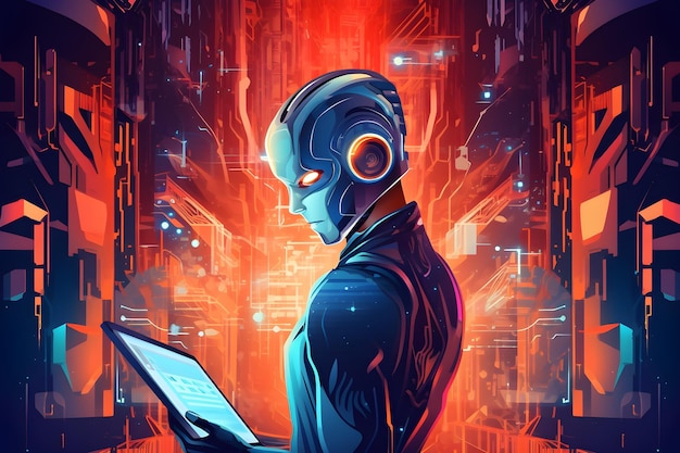 Постер робота с человеком в маске и ноутбуком.