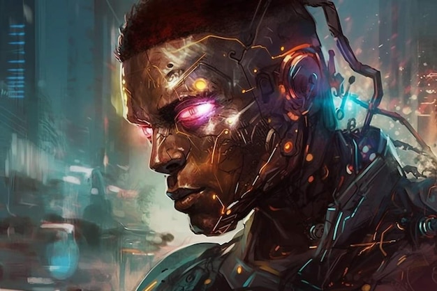 A poster of a robot with pink and purple eyes and a face that says'cyberpunk'on it