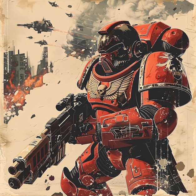 a poster for a robot with a red body and a red robot in the background