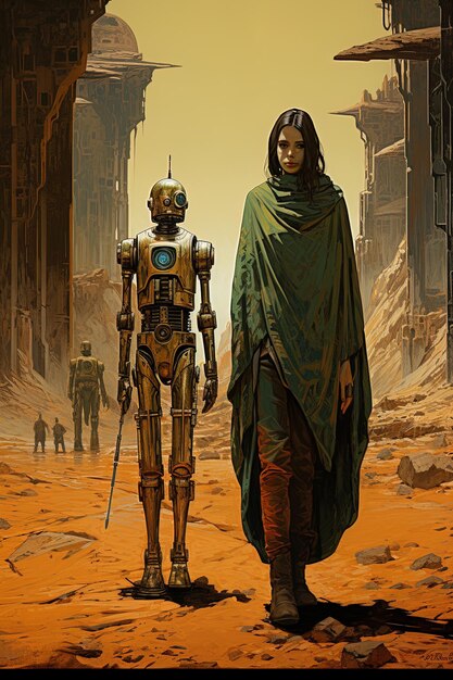 a poster for a robot with a woman in a green dress and a green dress