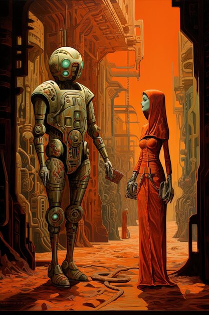 Photo a poster of a robot and a woman in a red dress