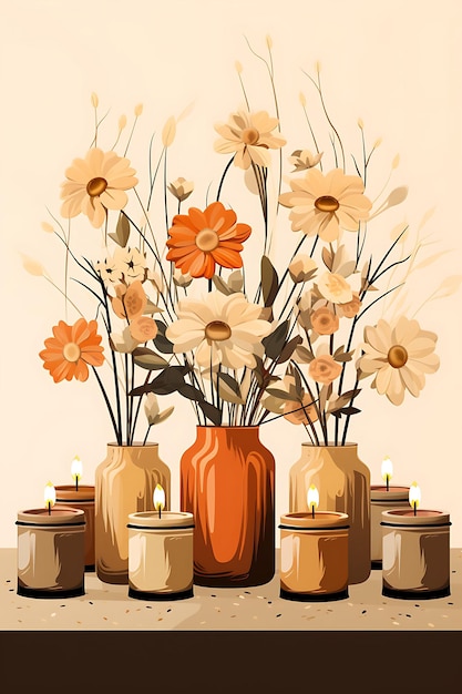 Постер ряда вотивных свечей в стеклянных держателях Теплые янтарные и земляные свечи 2D плоские конструкции