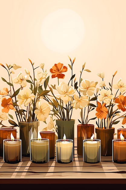 Постер ряда вотивных свечей в стеклянных держателях Теплые янтарные и земляные свечи 2D плоские конструкции