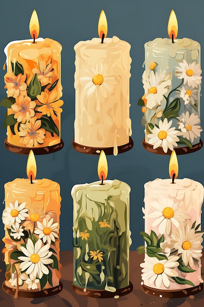 Постер ряда белых свечей с мягким желтым светом подсолнечники и свечи рождественские 2D плоские конструкции