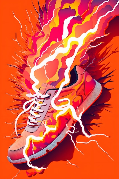 A poster for a running shoe with lightning and the words " running shoes " on it.