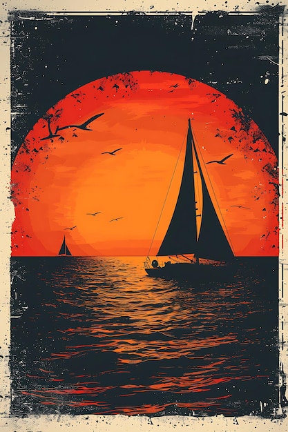 a poster for a sailboat with birds flying in the sky