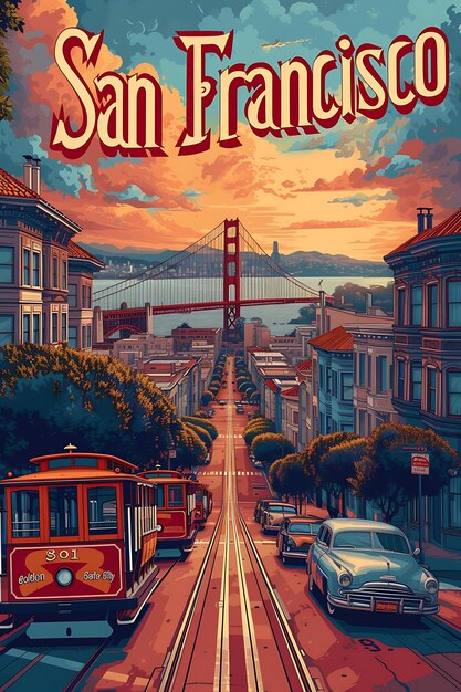 Poster of San Francisco Text and Slogan Golden Gate City With a Panora Illustration Layout Design