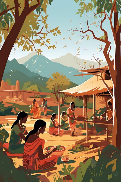 Poster of a Scene From an Indian Village With Women Engaged in Traditi Flat 2D Design Art Creative
