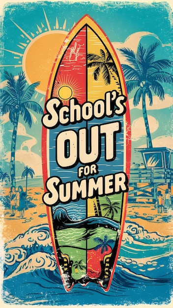 a poster for schoolss summerwith palm trees and a surfboard