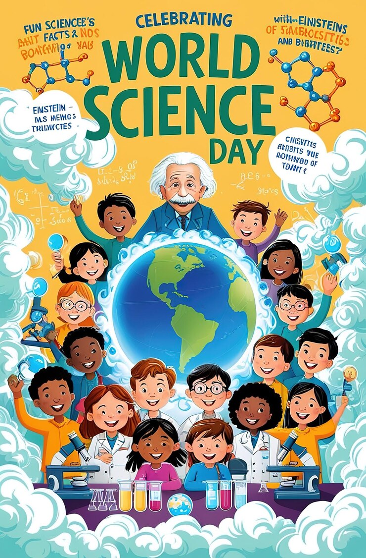 a poster for science day with a teacher and a world map