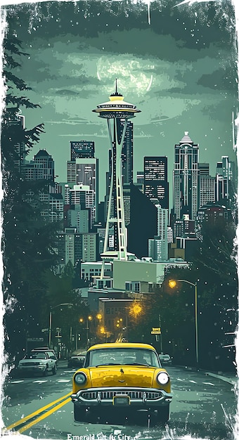 Poster of Seattle Text and Slogan Emerald City With a View of the Spac Illustration Layout Design