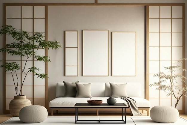 Poster set mockup op Japanse stijl woonkamer interieur Generatieve AI