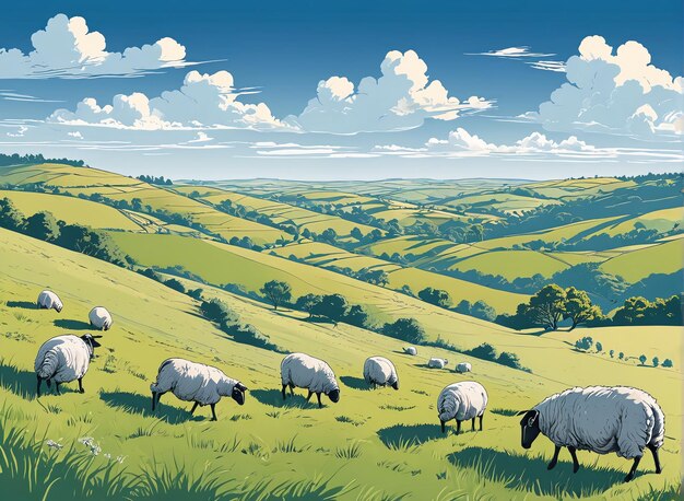 a poster of sheep grazing in a green field