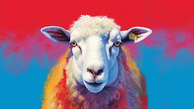 A poster for a sheep with a blue and red backgroud