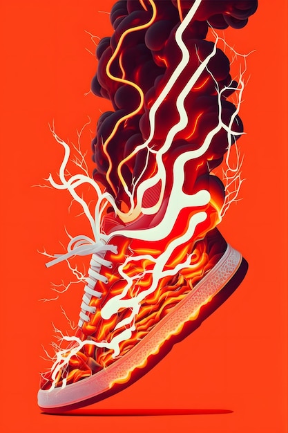 A poster for a shoe called the shoe that is on fire.