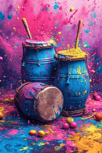 a poster showing traditional elements of Holi such as drums