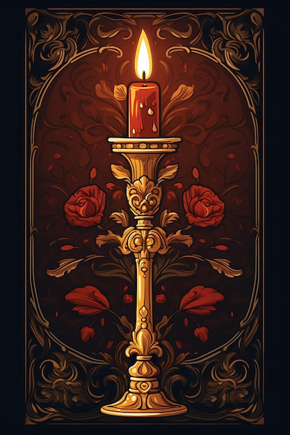 Постер одной свечи с мерцающим пламенем Глубоко-красная и золотая цветная свеча рождественская 2D плоская конструкция