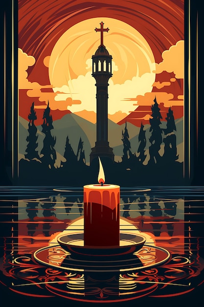 Poster of Single Candle With a Religious Icon Rich Burgundy and Gold C Candlesmas 2D Flat Designs