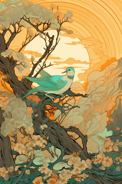 poster sjablonen met vogel op tak in illustratie stijl