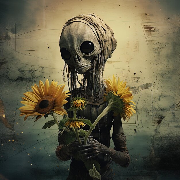 Photo a poster of a skeleton holding flowers with a person holding a sunflower