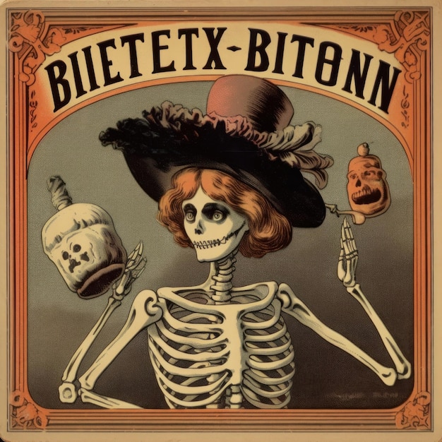 a poster for a skeleton with a black hat and a black hat with the word bib on it.