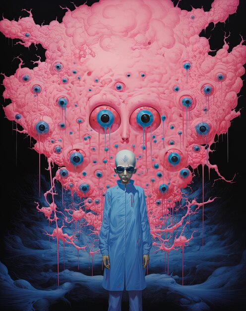 Photo a poster of a skeleton with a man in a blue suit and a pink cloud with blue eyes