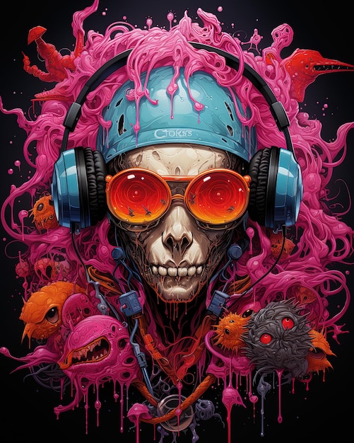 a poster for a skull with headphones and a skull with purple paint on it