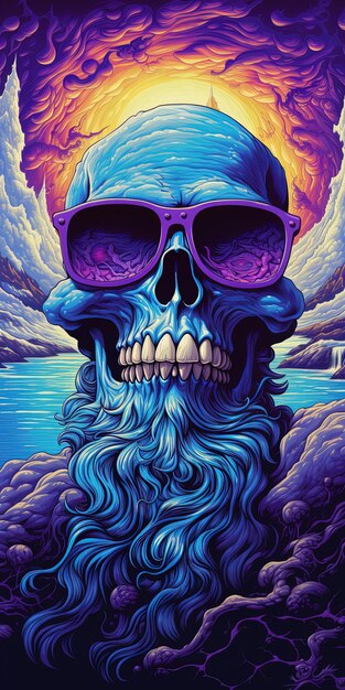 Photo a poster for a skull with sunglasses and purple sunglasses