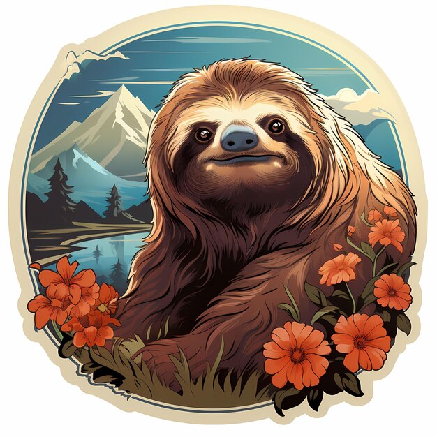 a poster for a sloth with a mountain in the background.