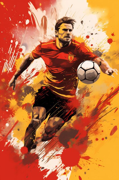 a poster of a soccer player with a red shirt and black shorts