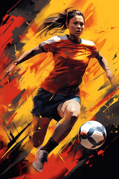 a poster of a soccer player with a red shirt and black shorts