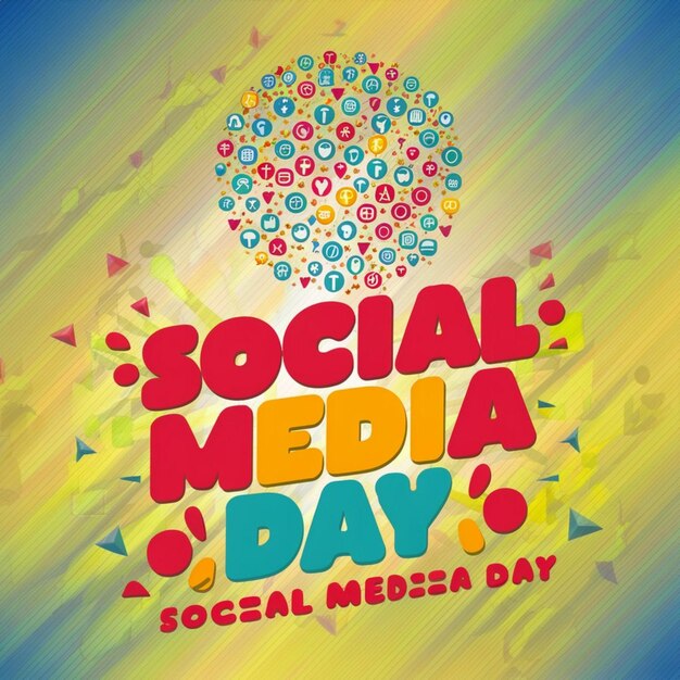 a poster for social media day with a colorful background and a colorful flower pattern