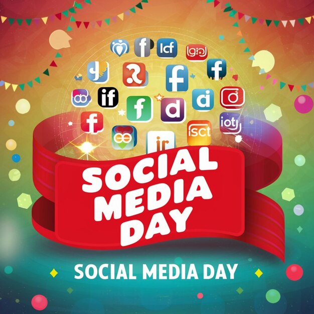 Photo a poster for social media day with a red ribbon around it