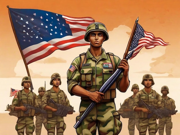 a poster of a soldier holding a flag and a flag that says  the united states