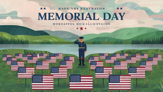 Photo a poster of a soldier stands in front of a field of flags that saythe memorial day