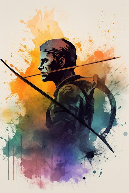 A poster of a soldier with a bow and arrow on his head.