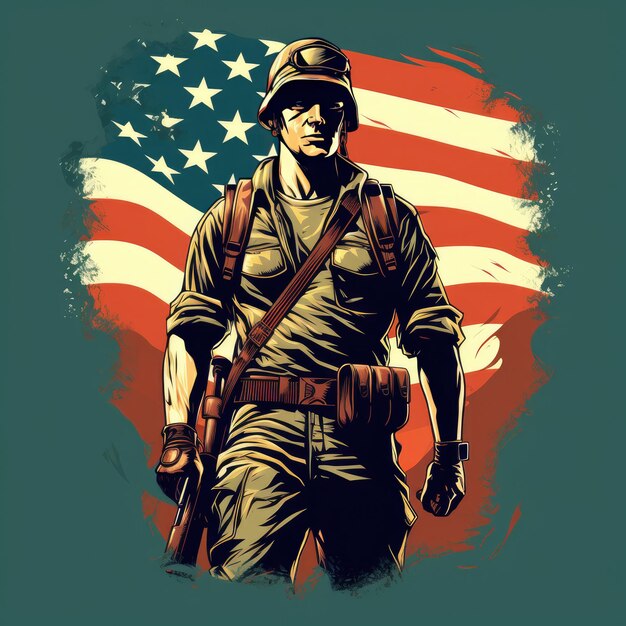 плакат солдата с флагом и флагом на заднем плане.