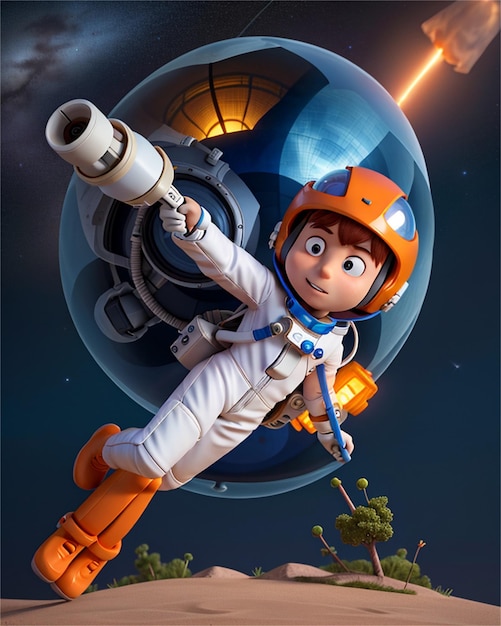 a poster for a space ship with a cartoon character holding a rocket.