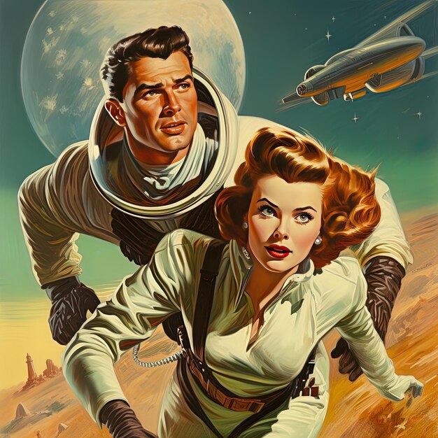 a poster for a space shuttle shows a couple in space