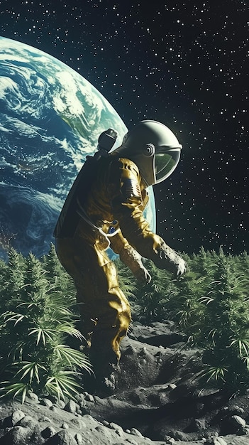 Foto un poster per la navetta spaziale mostra un uomo in una tuta spaziale con un pianeta dietro di lui
