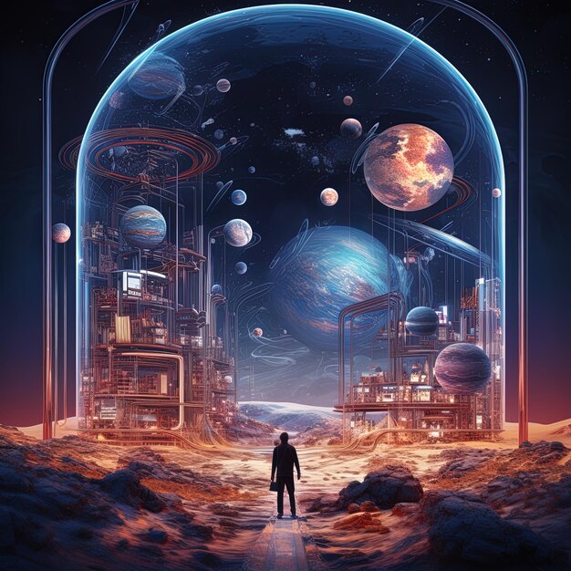 a poster for a space station with a man standing in front of a large alien planet