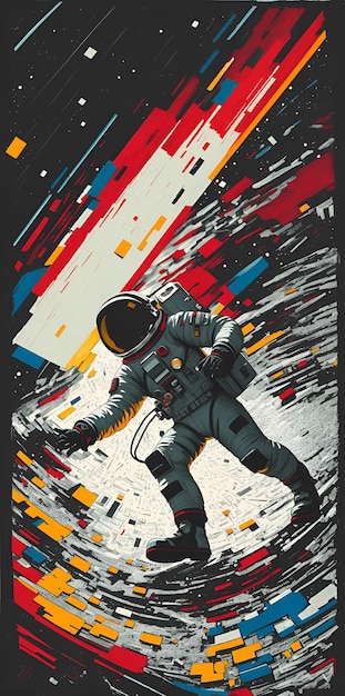 A poster for the spacewalk shows an astronaut in a space suit.