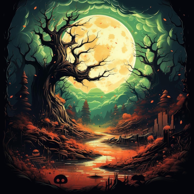 a poster for a spooky night with a tree and a path in the background