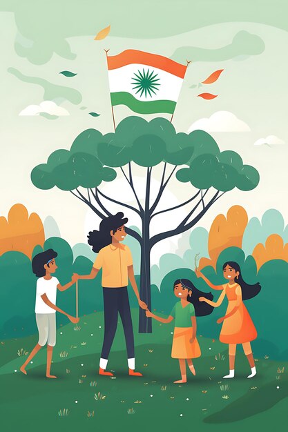 Poster of students engaging in community service activities with india flat 2d design art creative