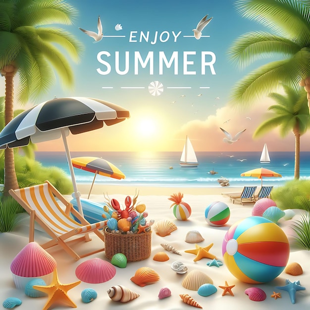 a poster for summer beach with a beach scene and palm trees and a beach scene