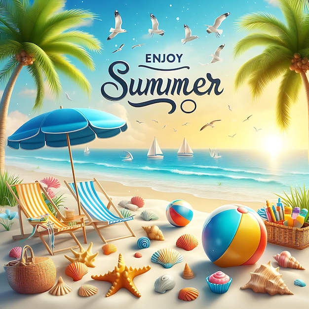 a poster for summer beach with palm trees and beach chairs