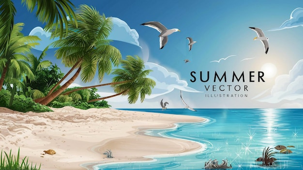 a poster for summer beach with palm trees and a beach scene