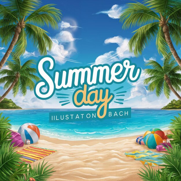 Photo a poster for summer day with palm trees and a beach scene