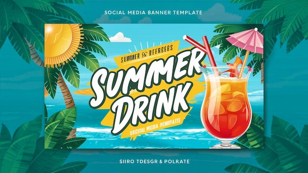 a poster for summer drink with tropical palm trees and tropical flowers
