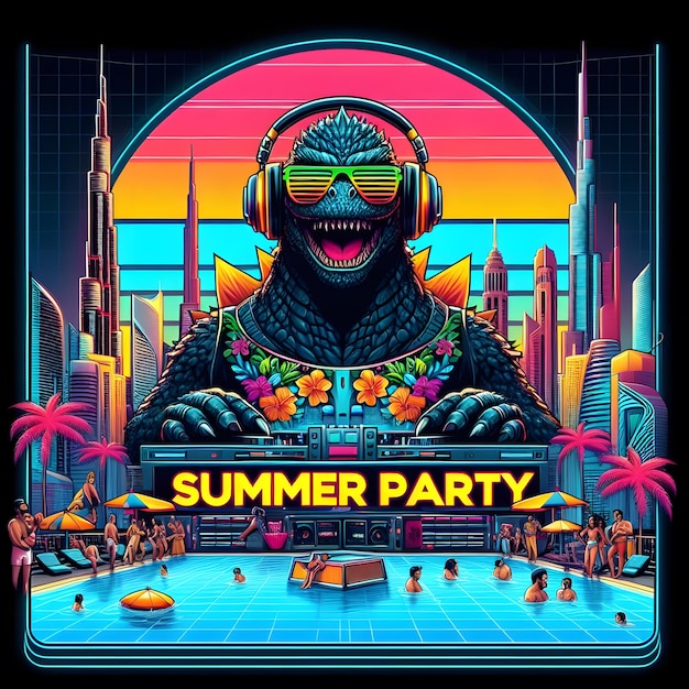Photo a poster for summer party with a dinosaur on it
